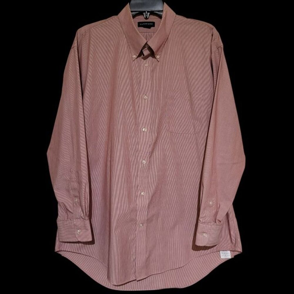 Lands End No Iron Long Sleeve Shirt Tailored Fit 17.5 / 33 Red & White Pinstripe